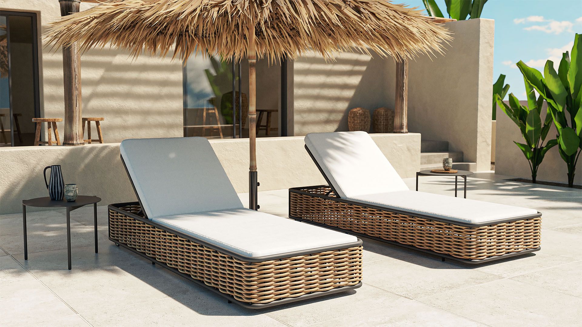 2 chaises longues en rotin avec 2 tables d appoint Daisy L ARTELIA
